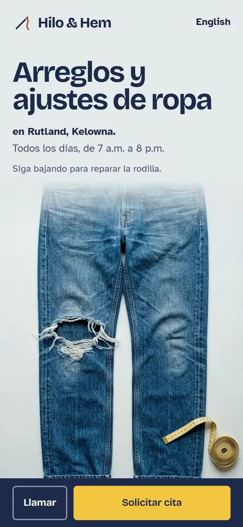 La versión en español de hilohem.ca en un celular: «Arreglos y ajustes de ropa en Rutland, Kelowna», con los botones Llamar y Solicitar cita.