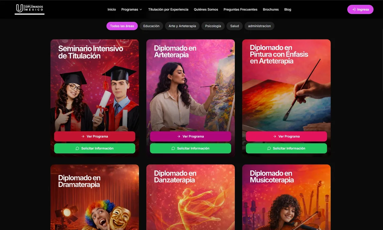Catálogo de programas de Universidad Diplomados México, con filtros por área.